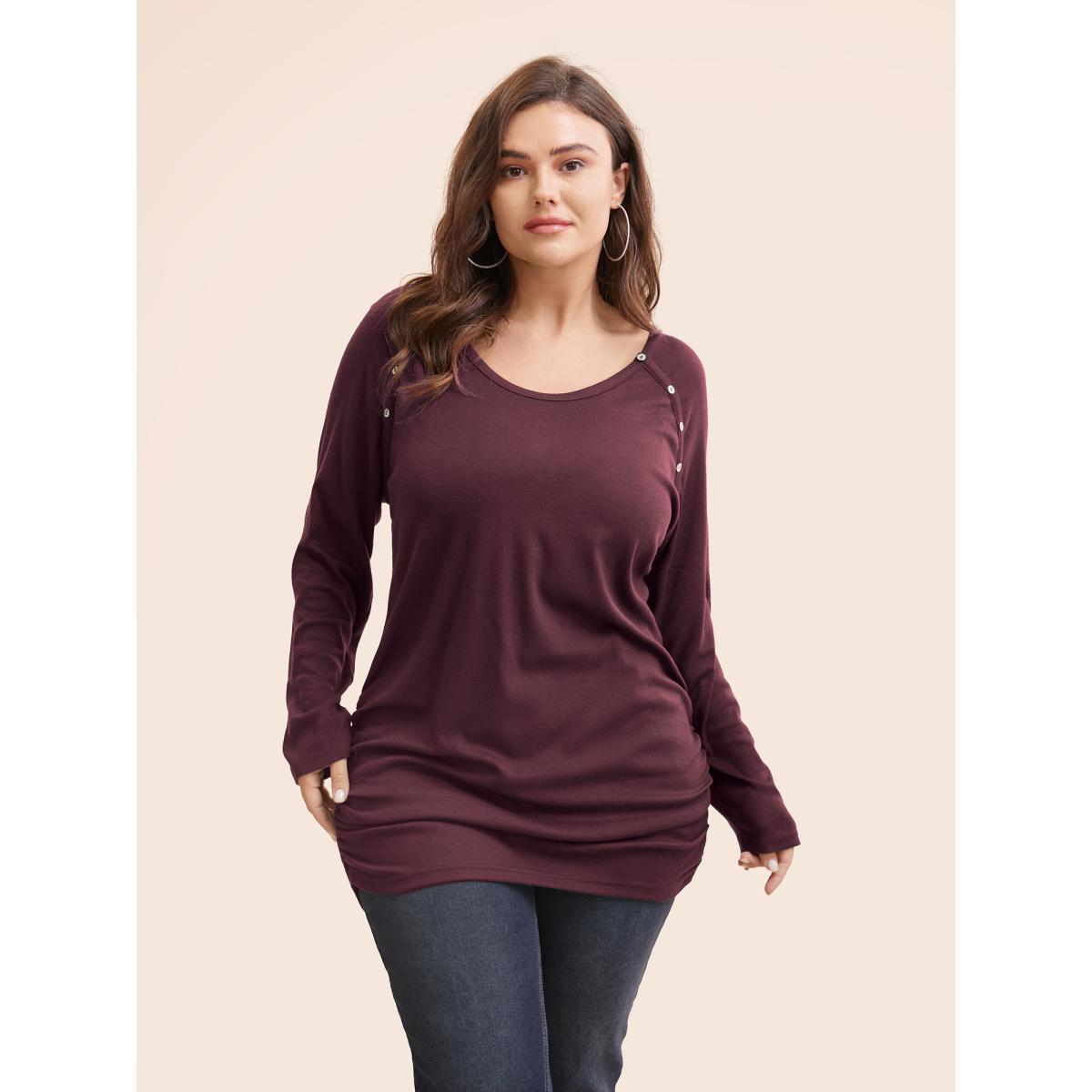 Plus Size Plain Gathered Button Detail T-shirt DarkGreen Women Leisure Gathered Plain Round Neck Casual T-shirts BloomChic 30/6X Product Image