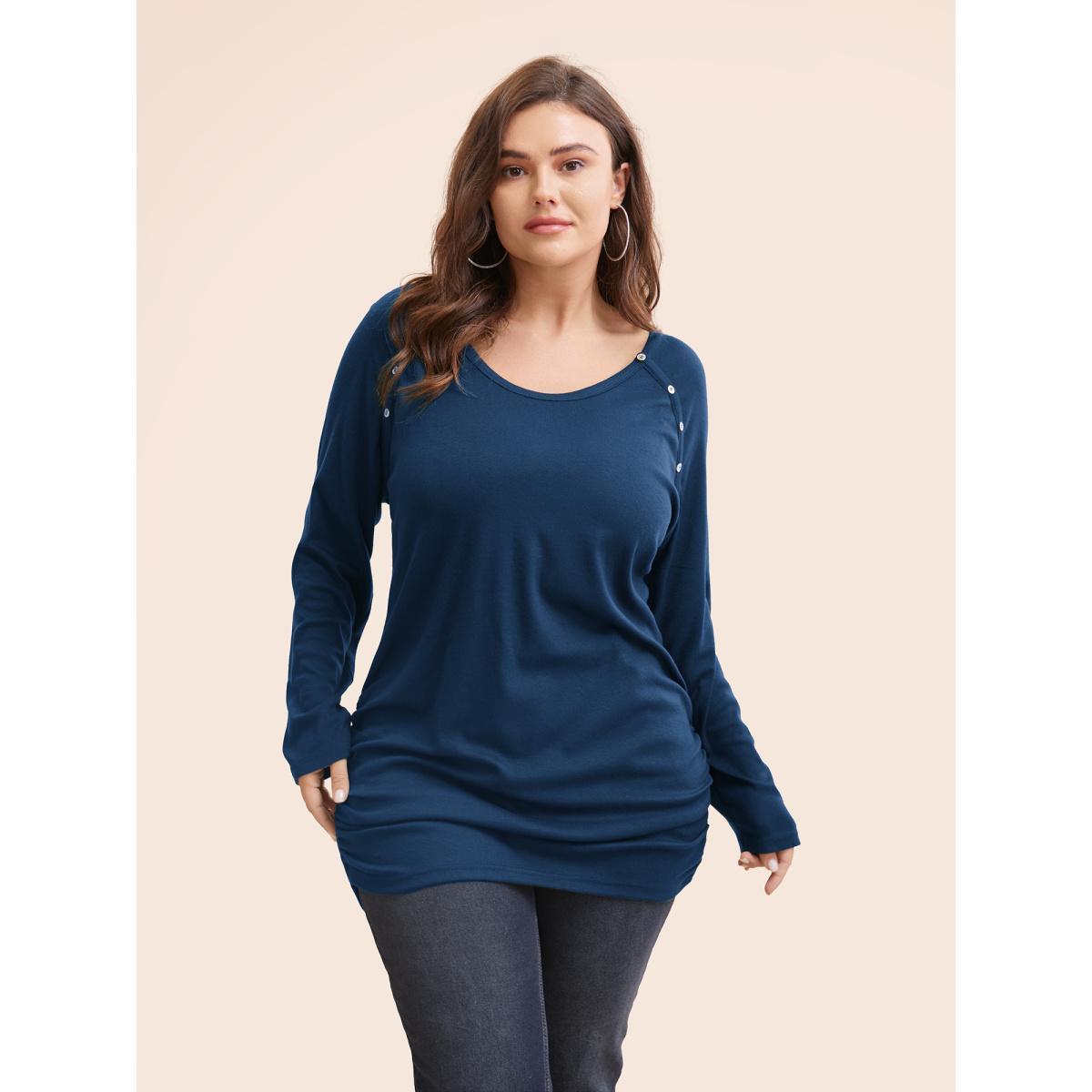 Plus Size Plain Gathered Button Detail T-shirt Indigo Women Casual Gathered Plain Round Neck Dailywear T-shirts BloomChic 10/M Product Image