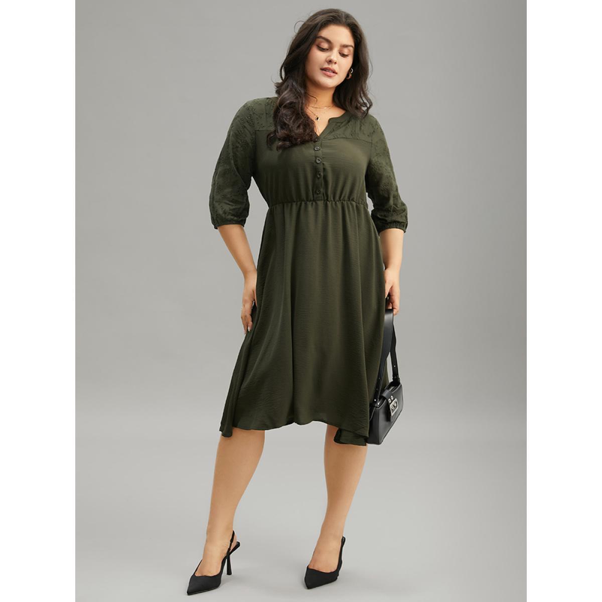 Plus Size Solid Notched Eyelet Patchwork Dress ArmyGreen Women Office Elastic cuffs Notched collar Elbow-length sleeve Curvy Midi Dress BloomChic 10/M Product Image
