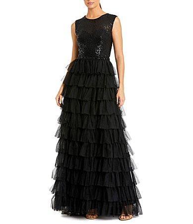 Mac Duggal Sleeveless Tiered Ruffled Sequin Crew Neck Gown Product Image