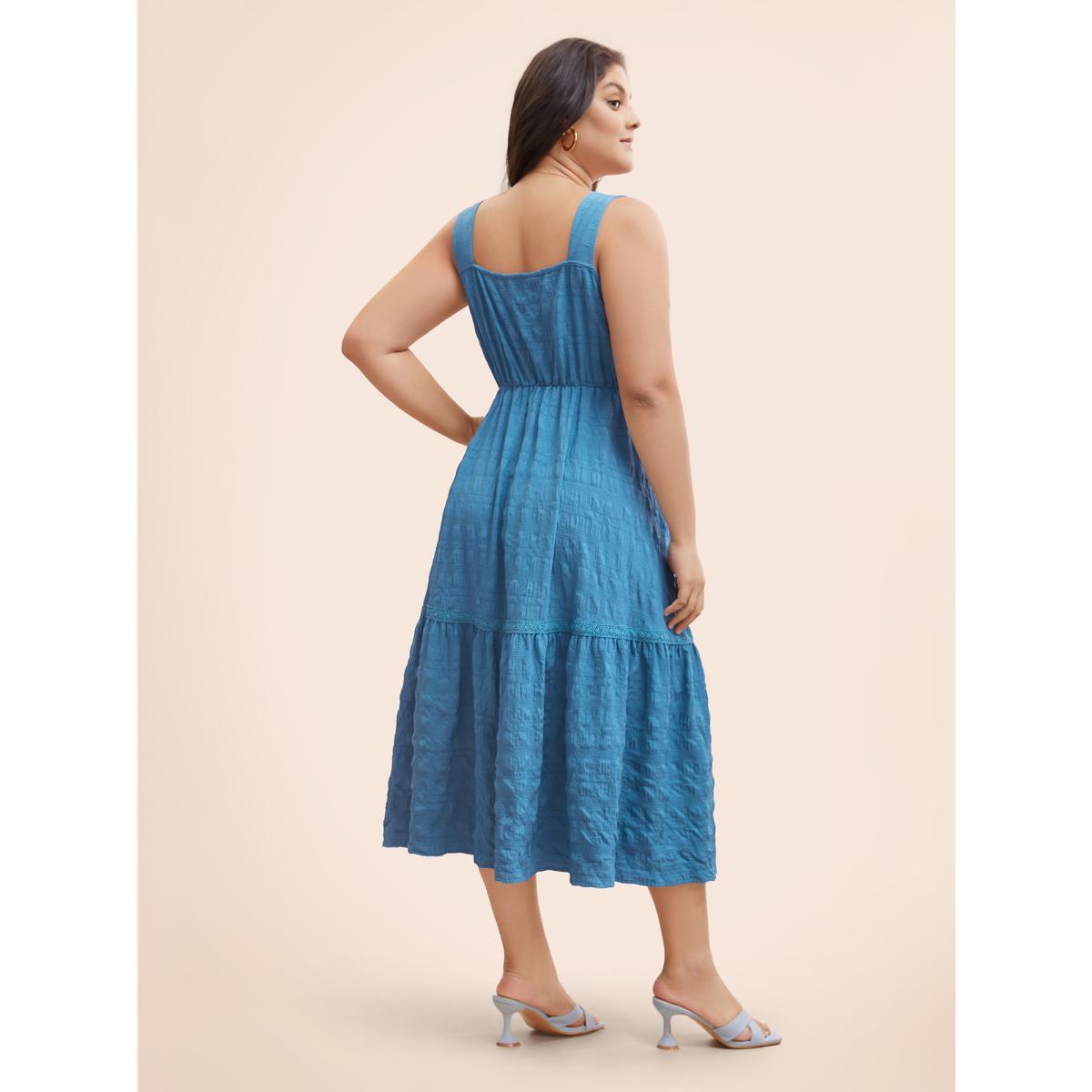 Plus Size Textured Button Detail Ruffle Layered Hem Dress Mediumblue Women Elegant Woven ribbon&lace trim Square Neck Sleeveless Curvy BloomChic 28/5X Product Image