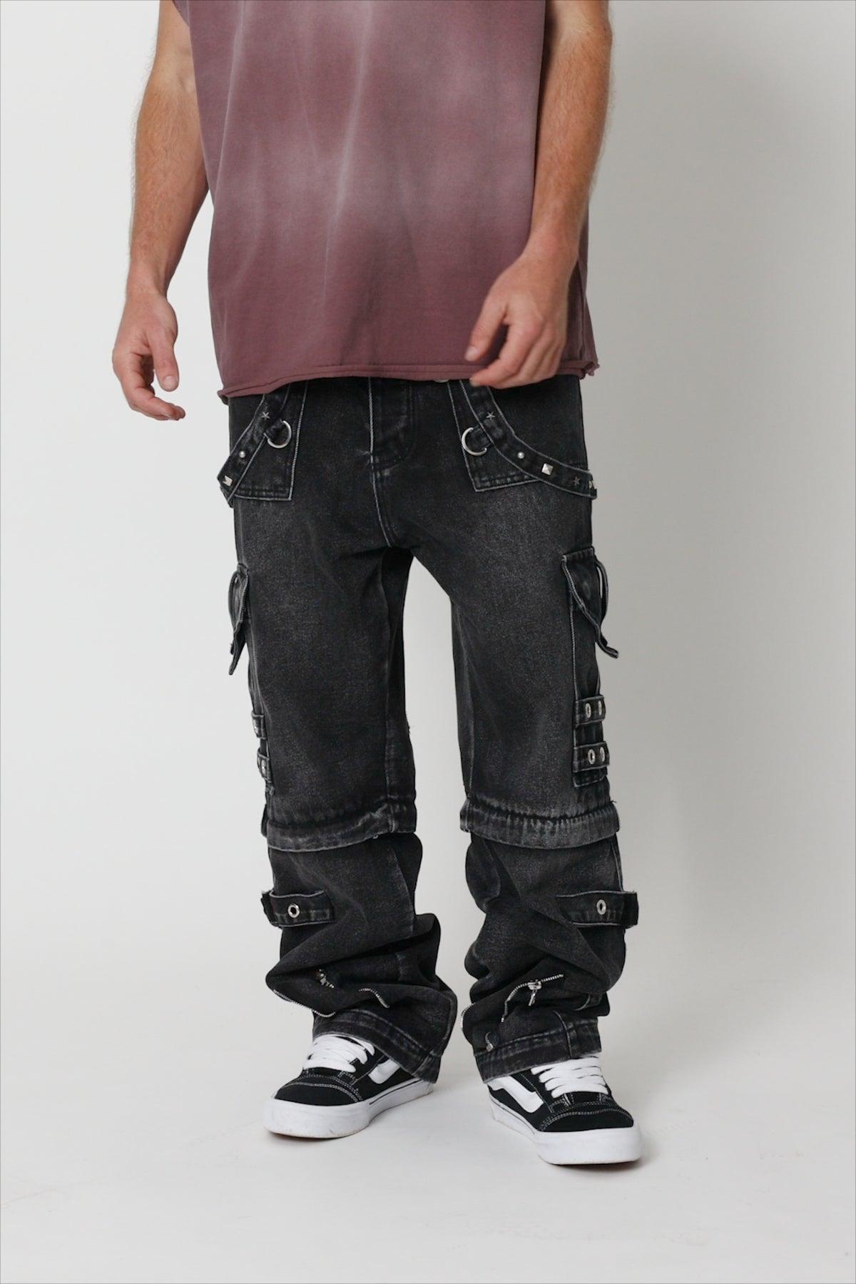 Ultra Baggy Studded Cargo Denim - Washed Black Product Image