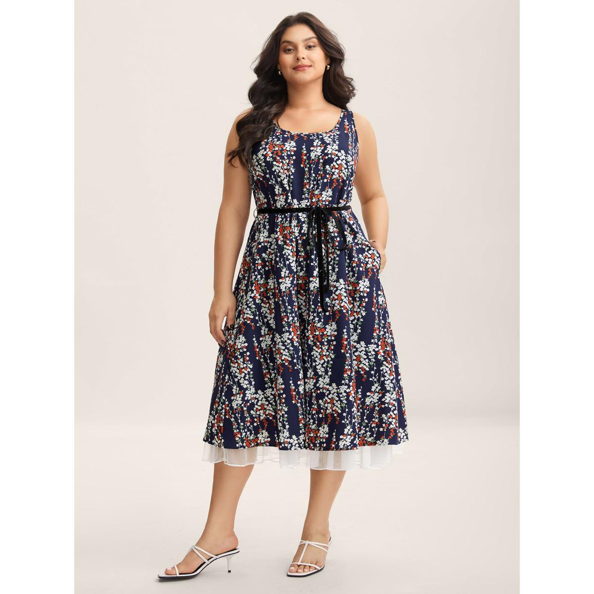 Plus Size Ditsy Floral Print Lace Hem Midi Dress Indigo Women Square Neck Sleeveless Curvy BloomChic 14-16/1X Product Image