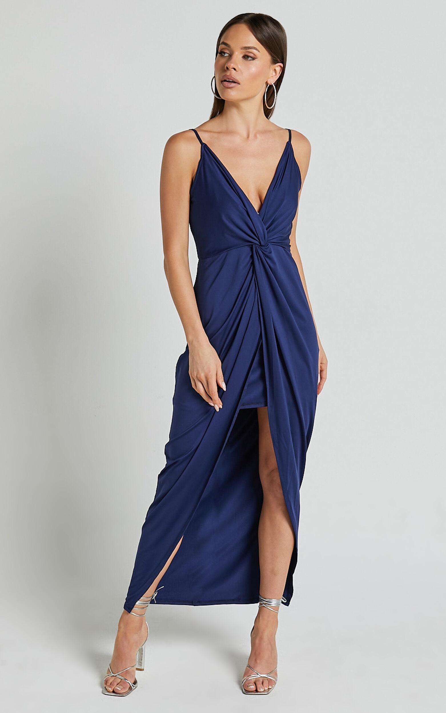 Dominique Midi Dress - V Neck Twist Front Jersey Dress in Navy Product Image