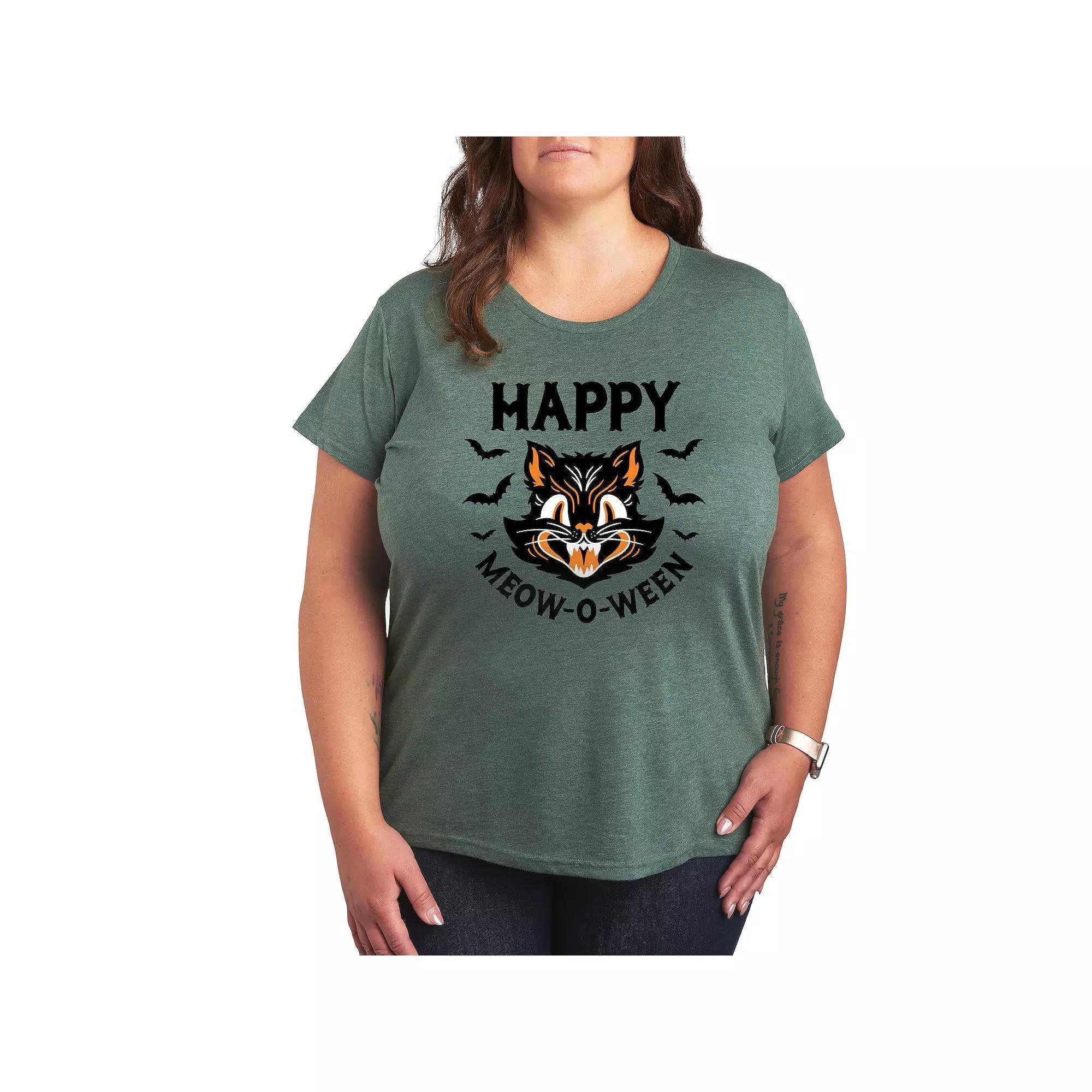 Plus Size Vintage Cat Happy Meow O Ween Graphic Tee, Women's, Size: 1XL, Grey Green Product Image