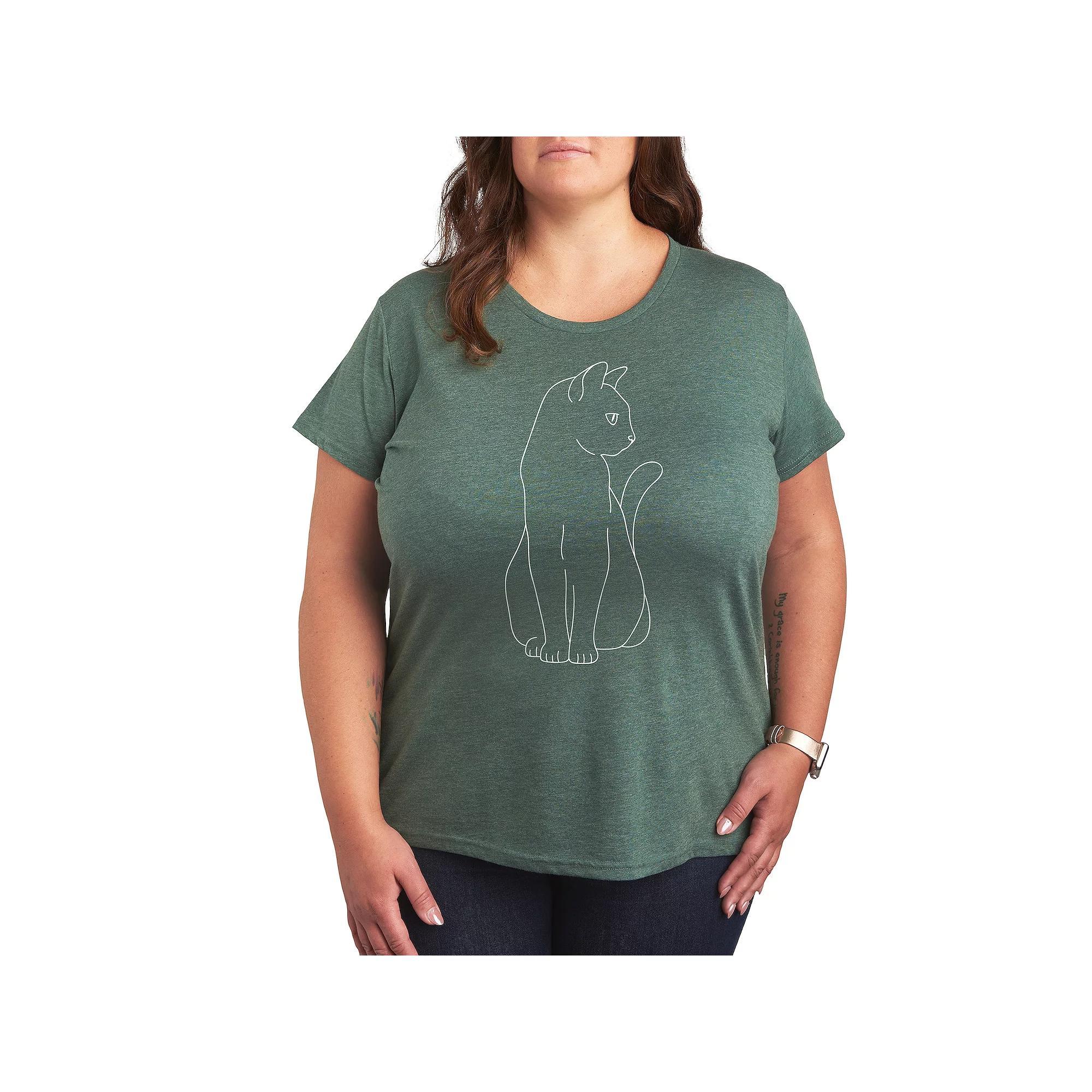 Plus Size White Cat Outline Graphic Tee, Women's, Size: 4XL, Grey Green Product Image