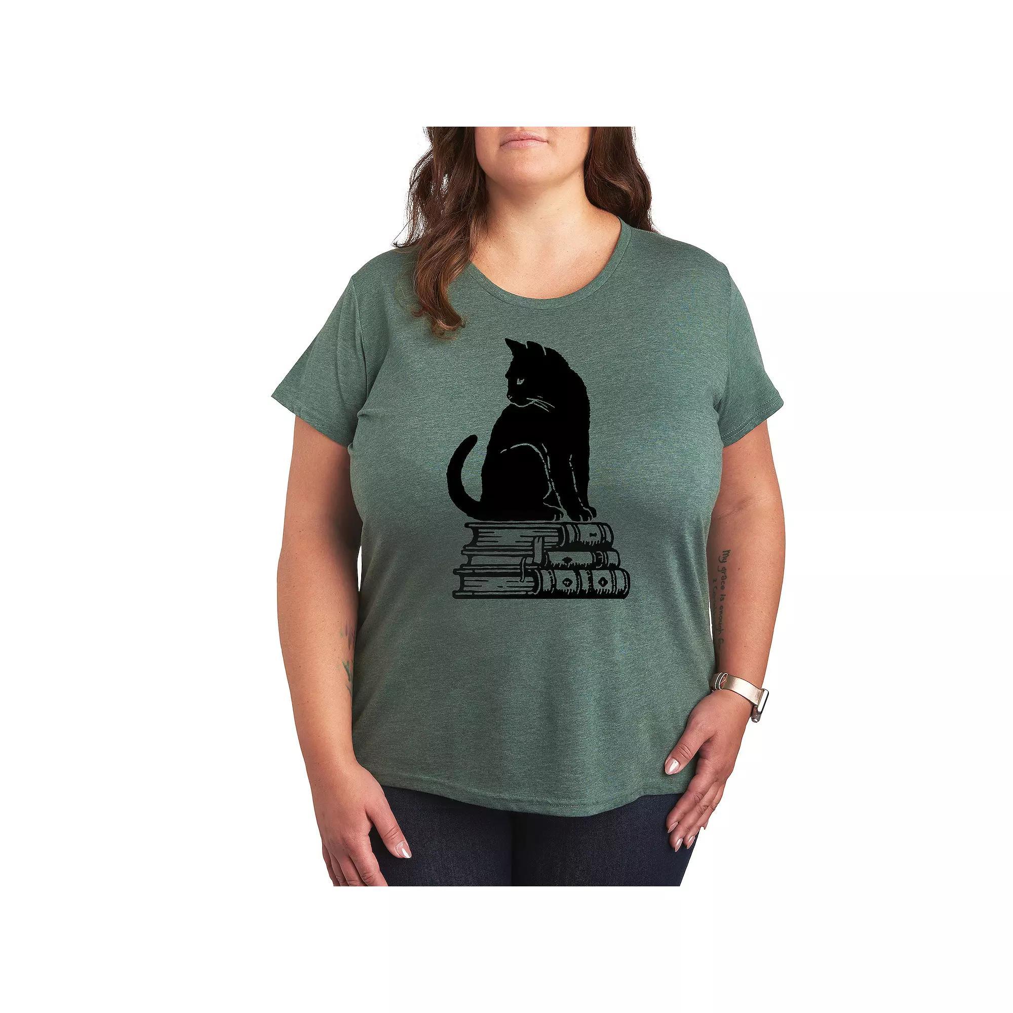 Plus Black Cat Books Graphic Tee, Women's, Size: 3XL, Grey Green Product Image