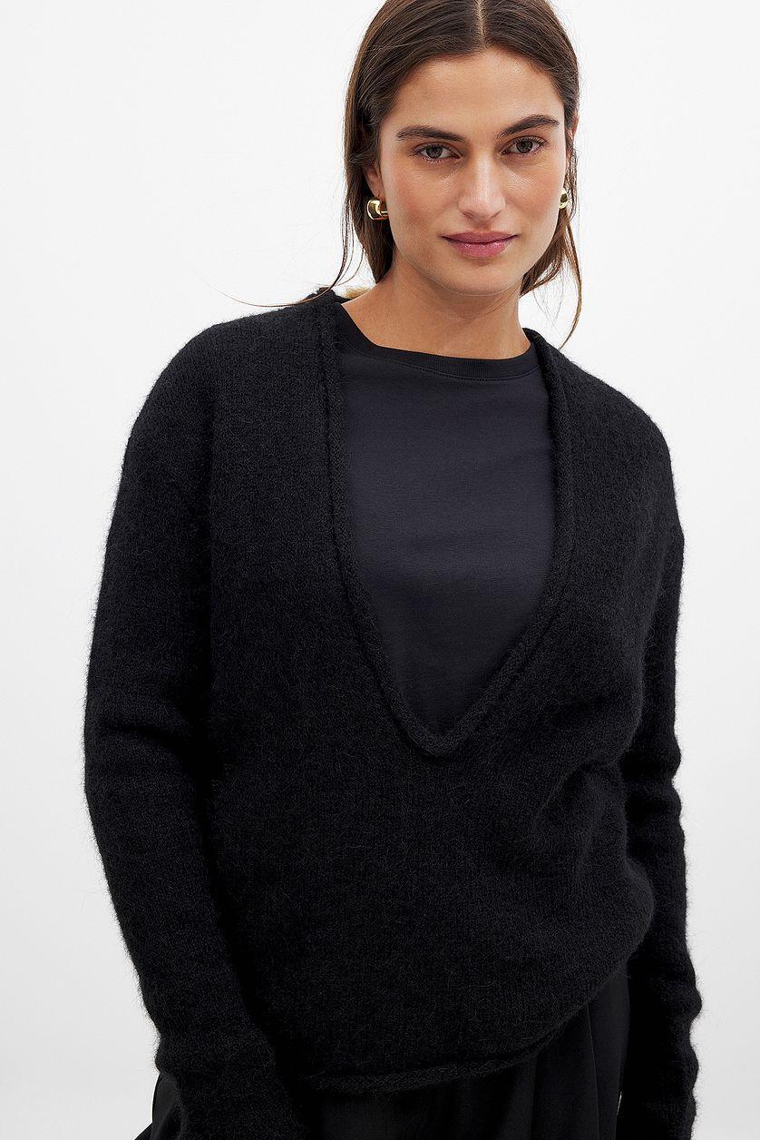 Knitted Deep V-neck Wool Blend Sweater Product Image