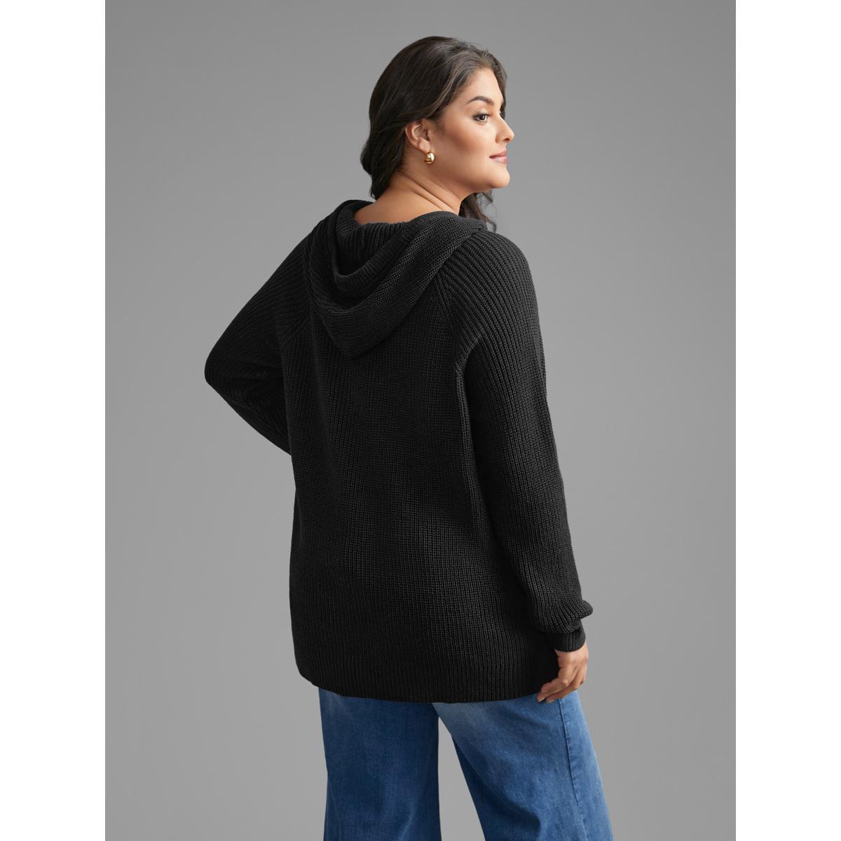Plus Size Plain Button Up Hooded Pullover Black Women Casual Loose Long Sleeve Hooded Everyday Pullovers BloomChic 26/4X Product Image