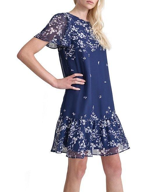 DKNY by Donna Karan Woven Floral Print Crew Neck Short Flutter Sleeve Shift Mini Dress Product Image