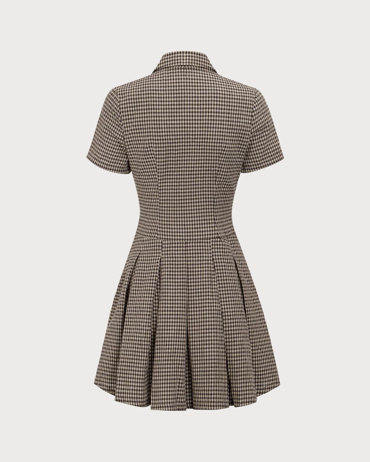 Brown Plaid Lapel Pleated Mini Dress Product Image