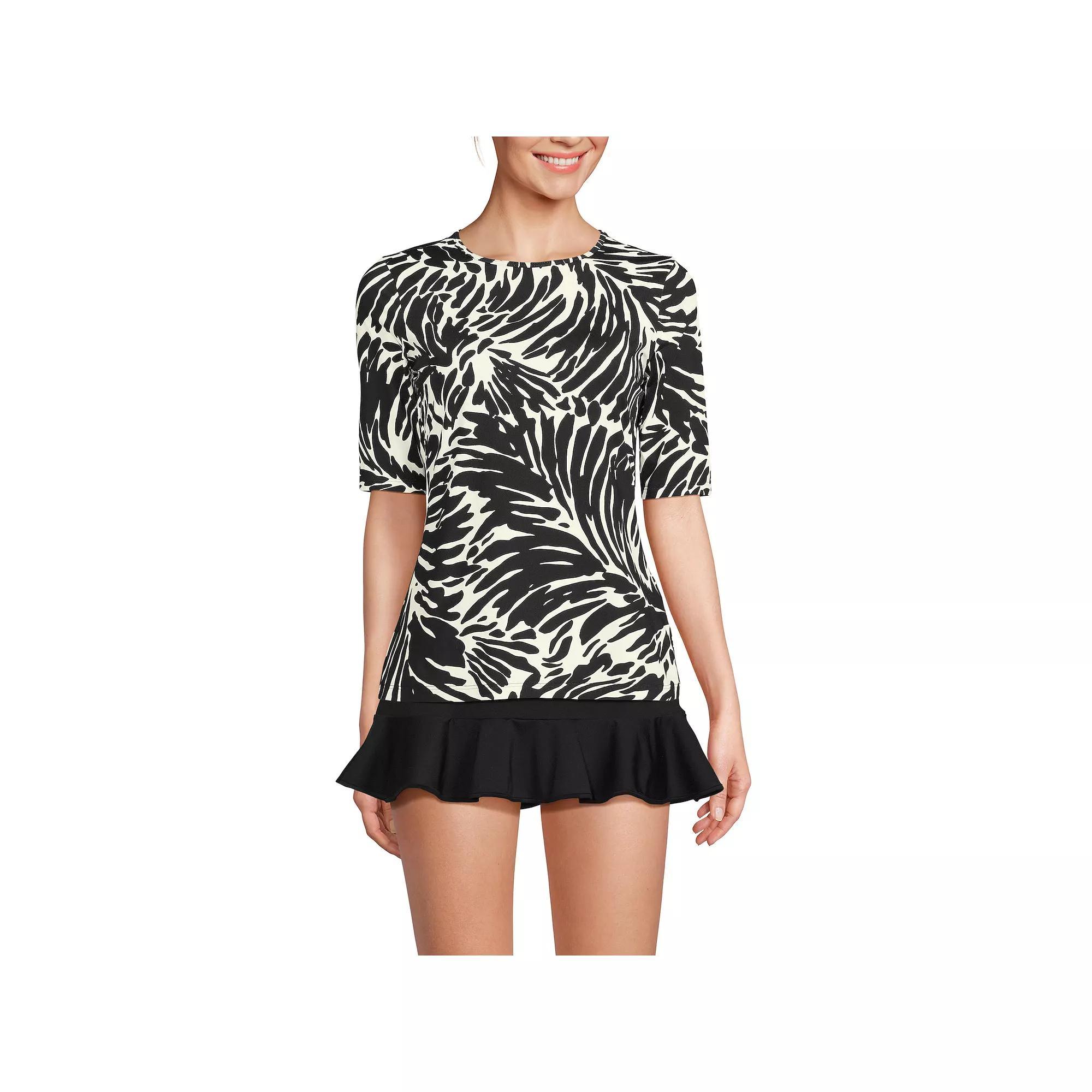 Women's Lands' End UPF 50 Elbow-Sleeve Rash Guard Swim Tee, Size: XL, Black White Leaf Product Image