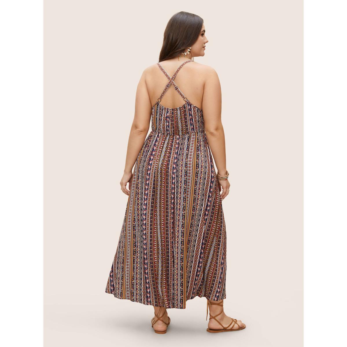 Plus Size Boho Print Elastic Waist Split Hem Cami Dress Navy Women Boho Non V-neck Sleeveless Curvy BloomChic 14-16/1X Product Image