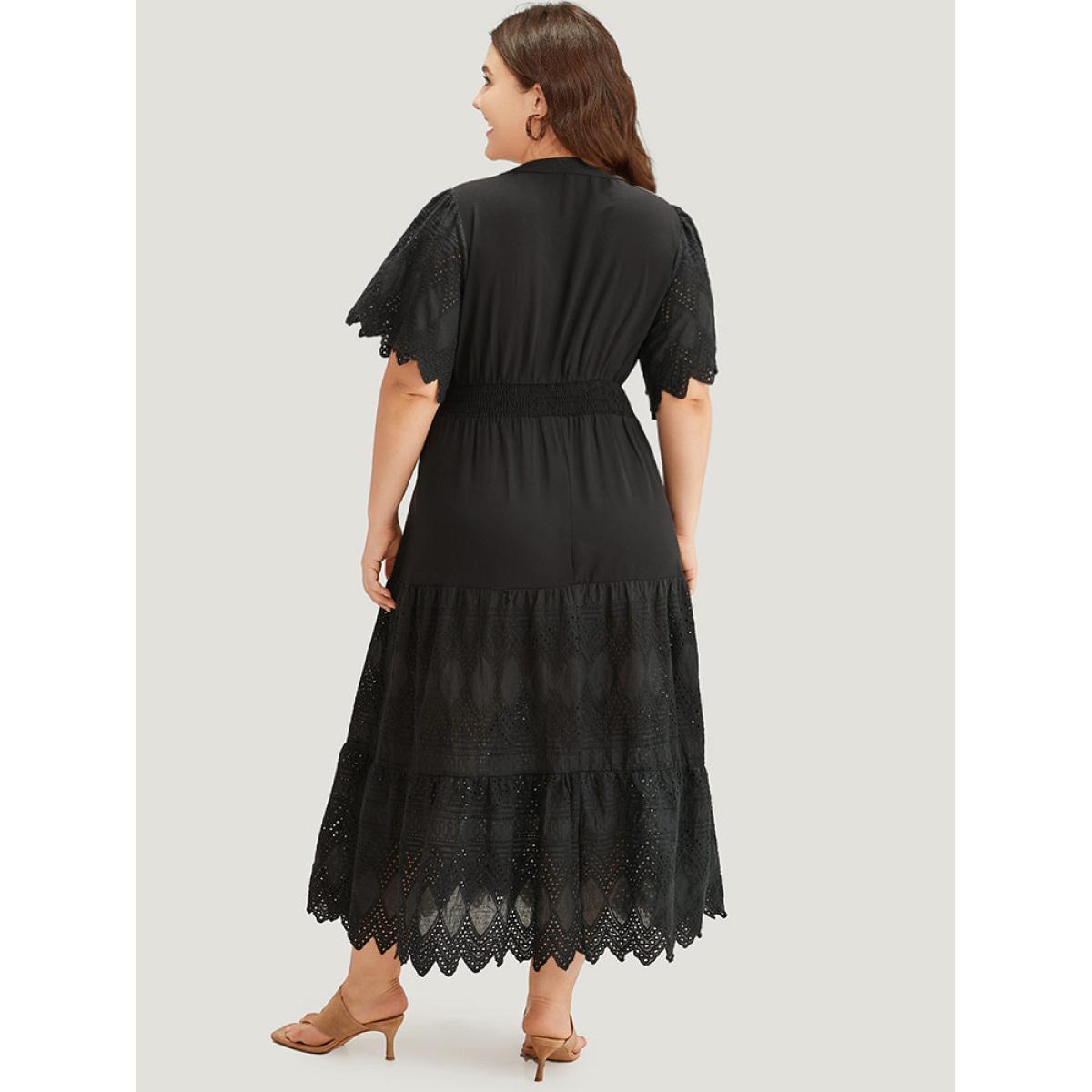 Plus Size Solid Laser Cut Pocket Notched Dress Black Women Elegant Plain Notched collar Short sleeve Curvy Midi Dress BloomChic 14-16/1X Product Image
