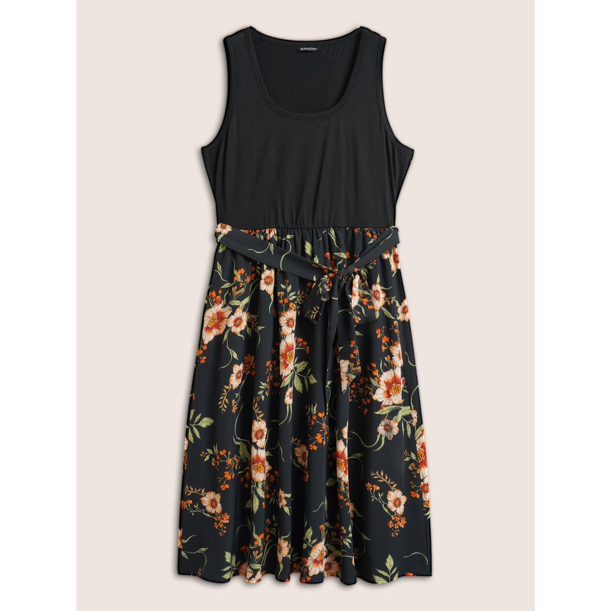 Plus Size Floral Patchwork Pocket Elastic Waist Sleeveless Dress Black Women Elegant Non Sleeveless Curvy Midi Dress BloomChic 22-24/3X Product Image