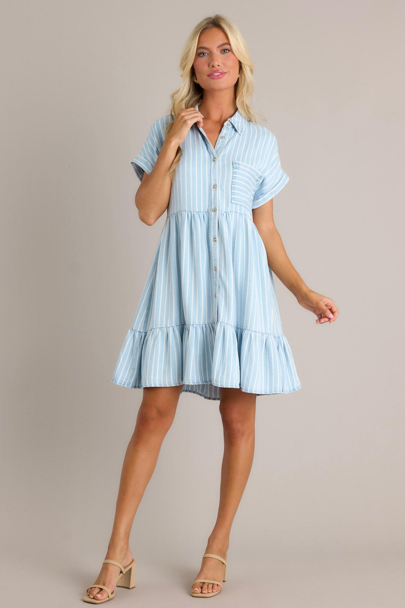 Whispering Waves Chambray Stripe Short Sleeve Mini Dress Product Image