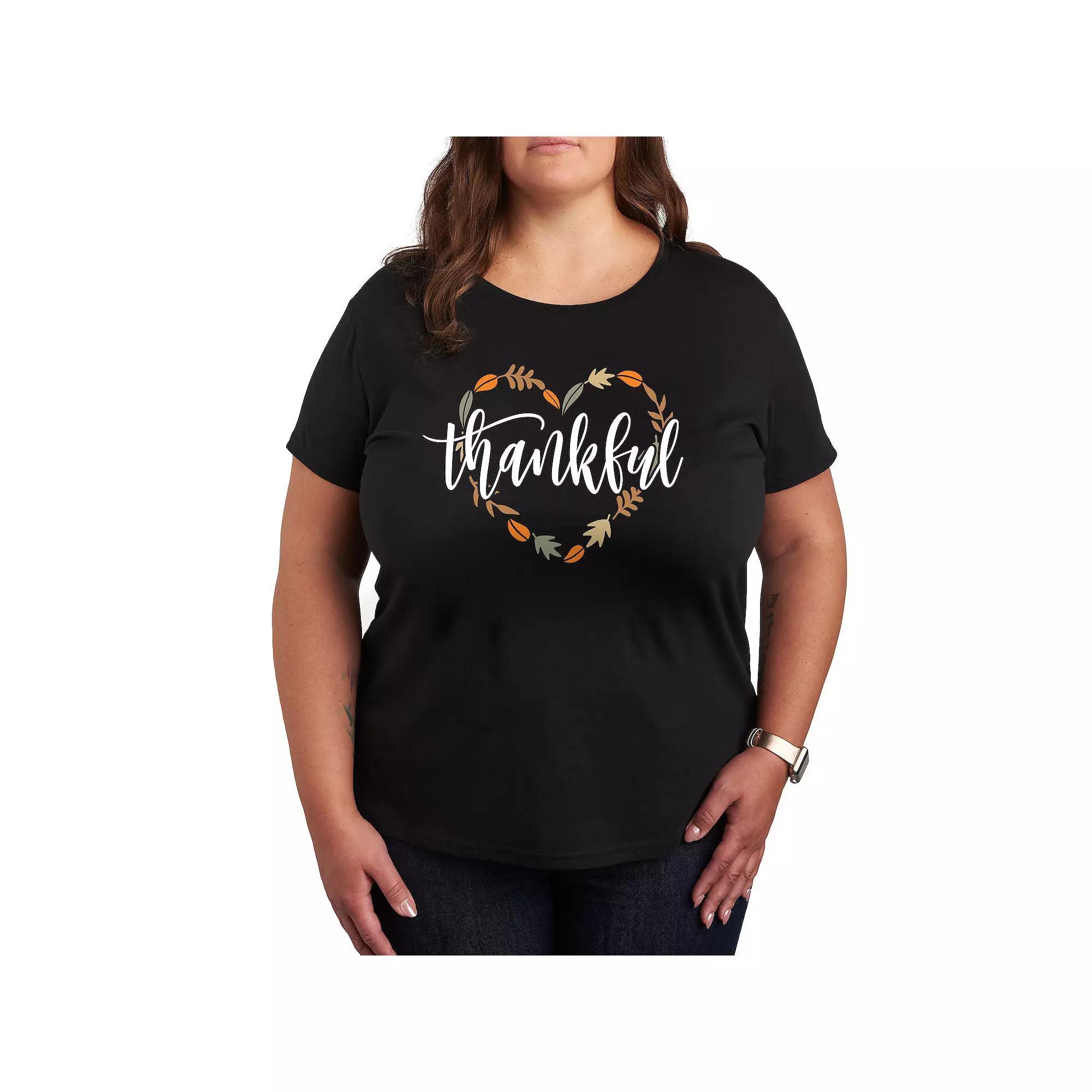 Plus Size Thankful Leaf Heart Graphic Tee, Women's, Size: 4XL, Black Product Image