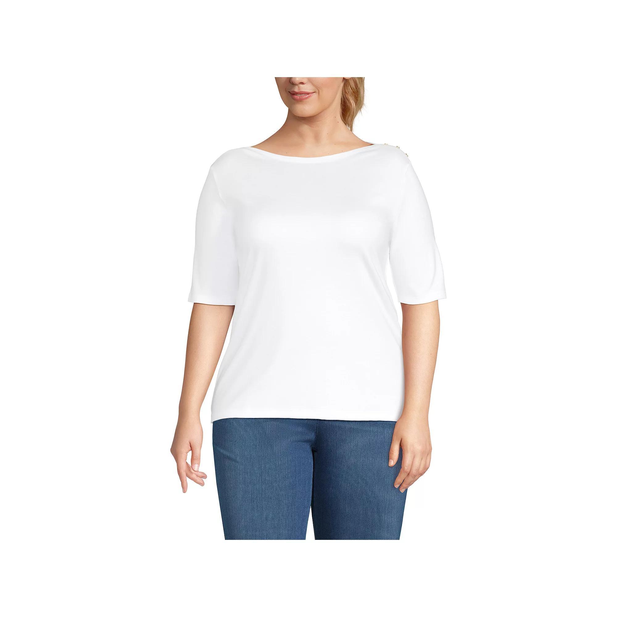 Plus Size Lands' End Elbow Sleeve Boatneck Button Shoulder Tee, Women's, Size: 1XL, Radiant Blue Product Image