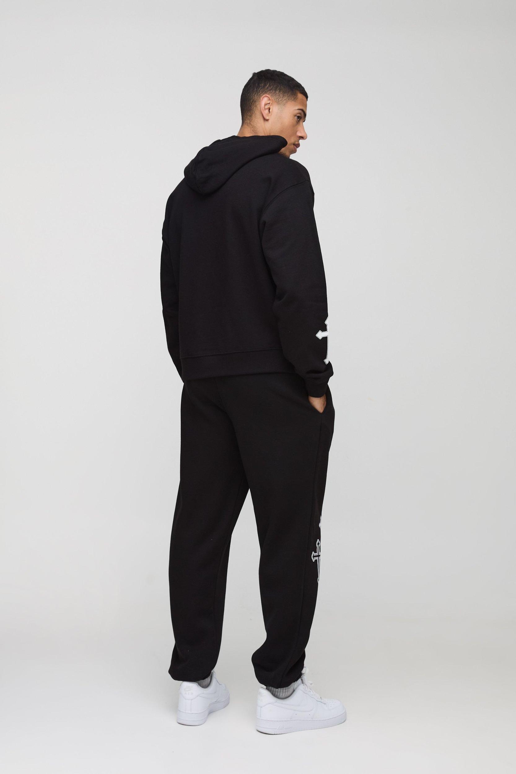 Oversized Boxy Cross Print Hooded Tracksuit | boohooMAN USA Product Image
