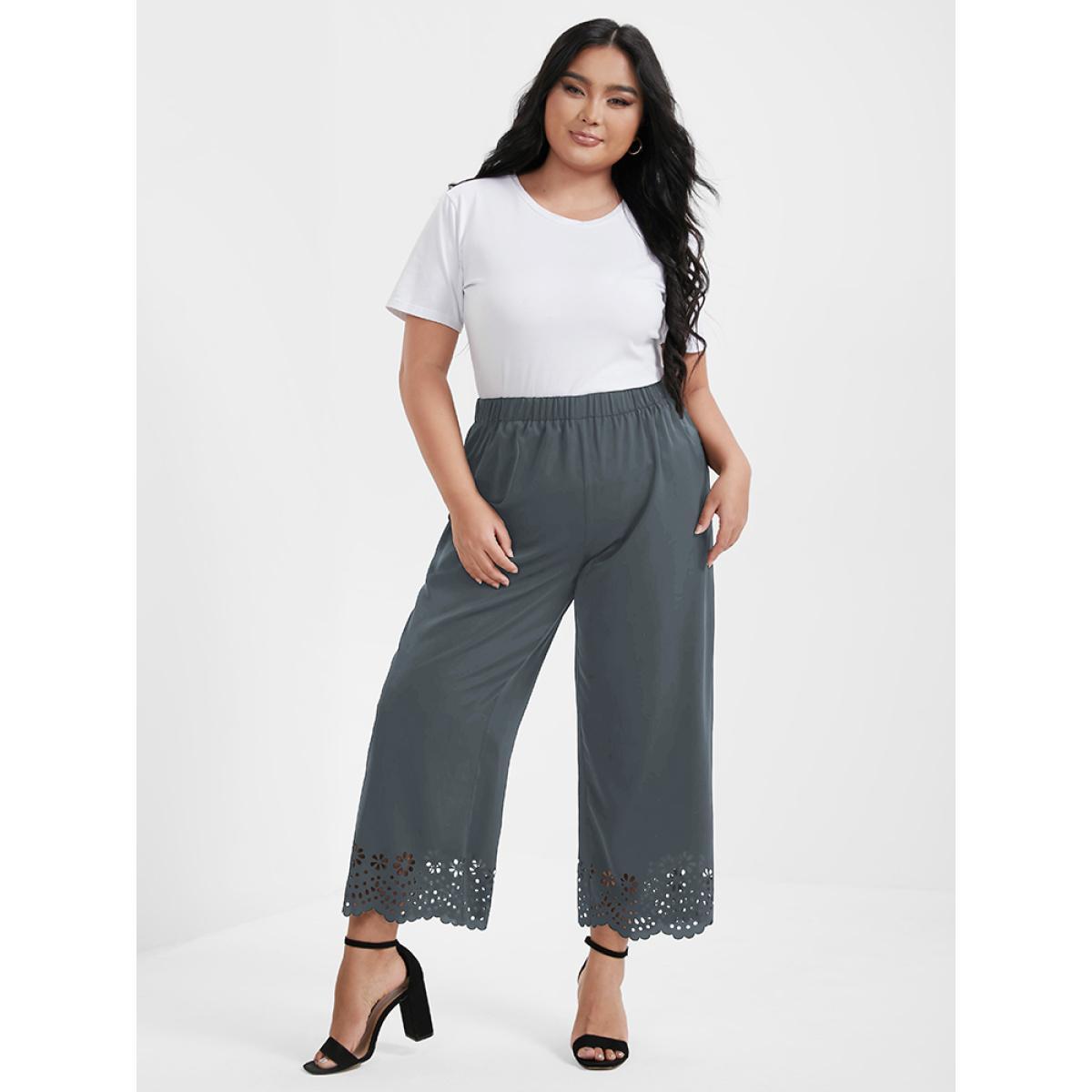 Plus Size Broderie Anglaise Elastic Waist Loose Pants Women SlateGray Elegant Loose High Rise Dailywear Pants BloomChic 10/M Product Image