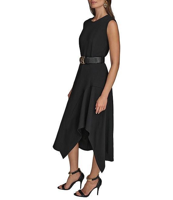 Donna Karan Crepe Crew Neck Sleeveless Belted Asymmetrical Hemline Midi Sheath Dress Product Image