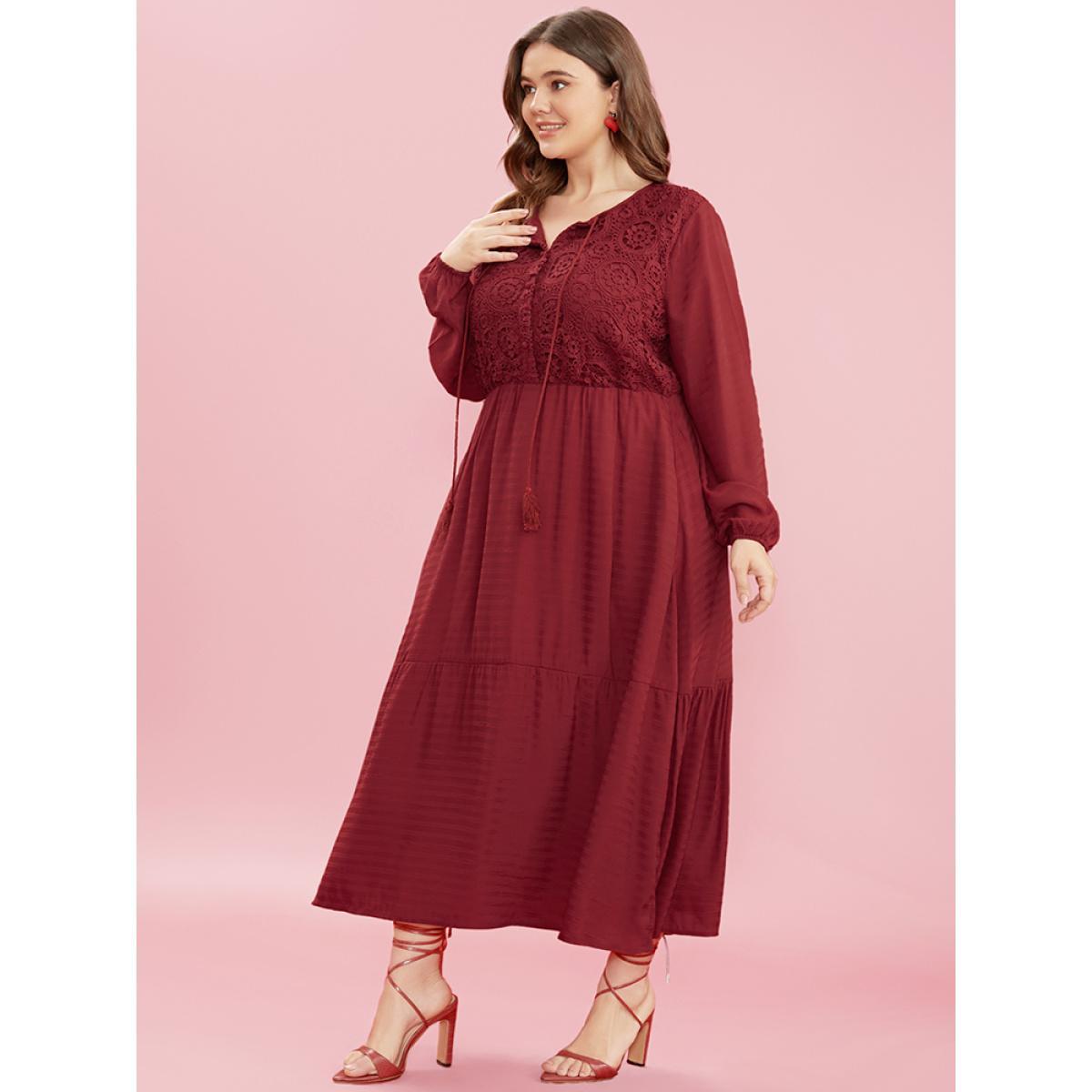 Plus Size Solid Lace Button Up Tie Neck Lantern Sleeve Pocket Flutter Dress Burgundy Women Elegant Patchwork Round Neck Long Sleeve Curvy Midi Dress BloomChic 28/5X Product Image