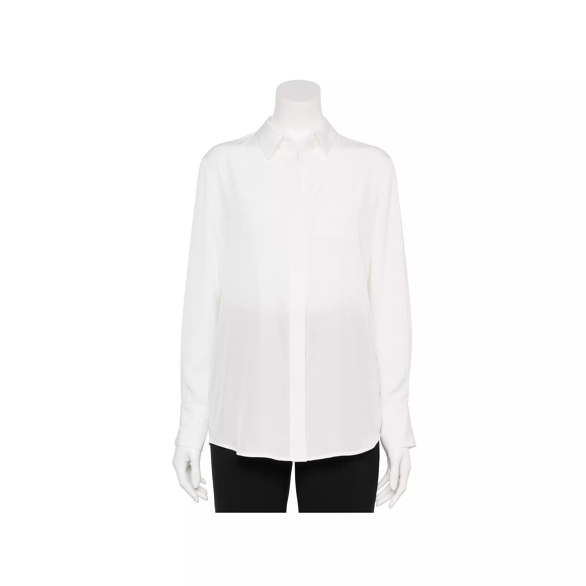 Women's Nine West Adaptive Magnetic Closure Drapey Satin Long Sleeve Shirt,  Product Image