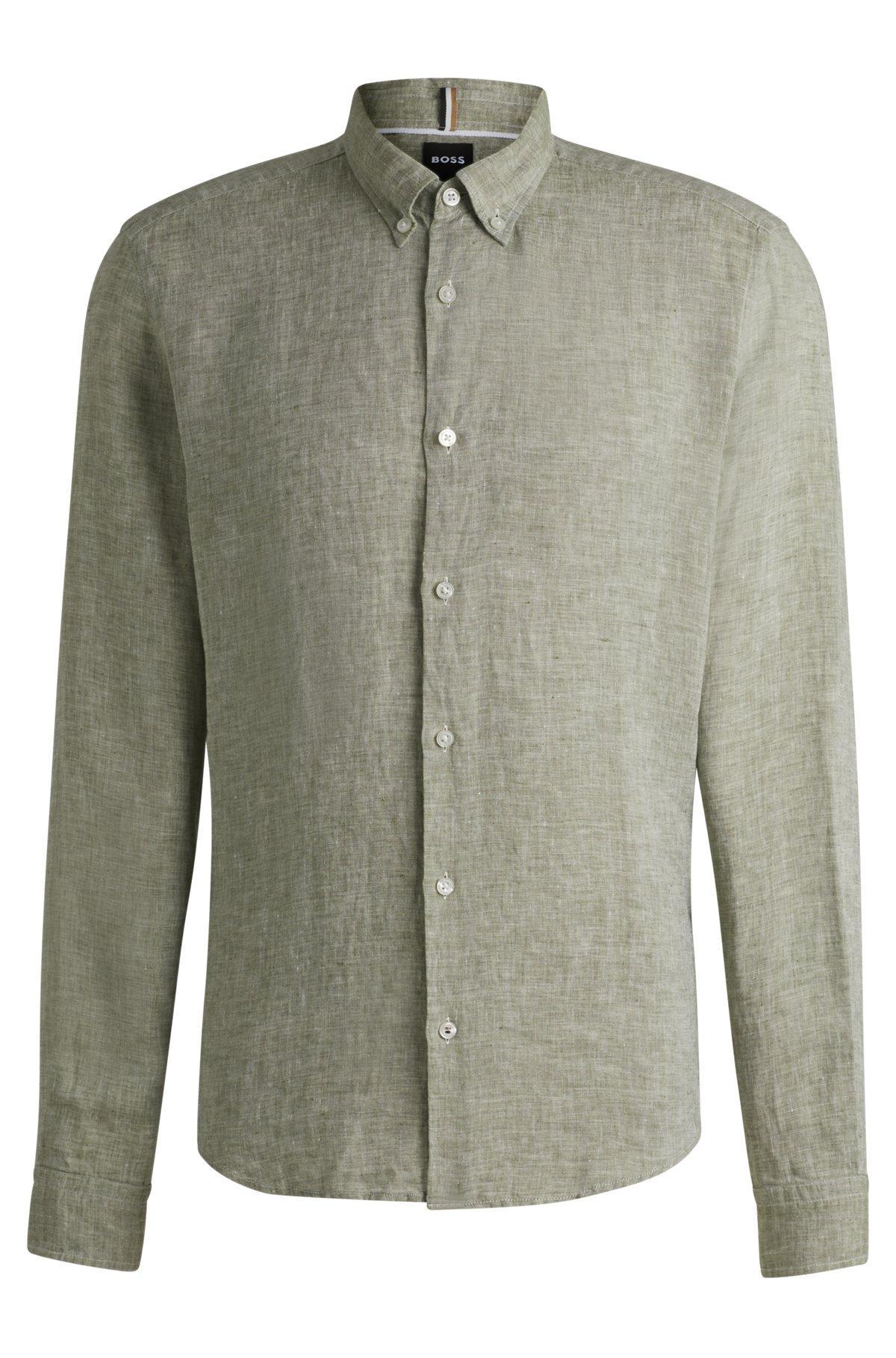 BOSS - Regular-fit button-down shirt in linen - Green Product Image