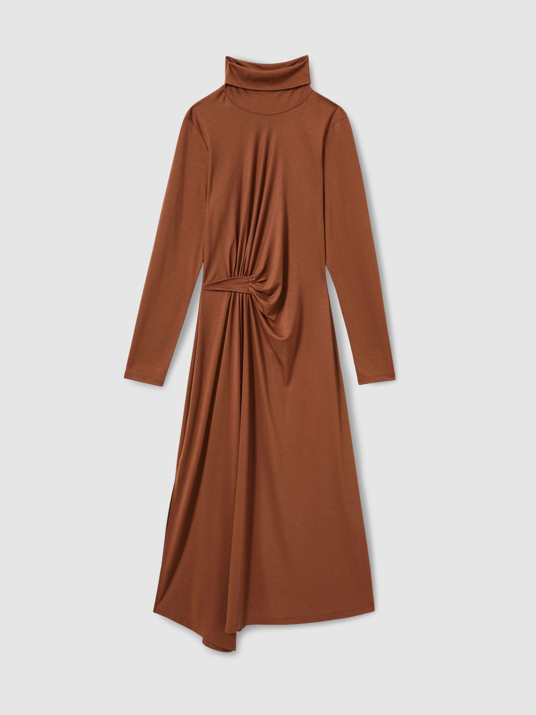 Petite Draped Jersey Midi Dress in Camel Product Image