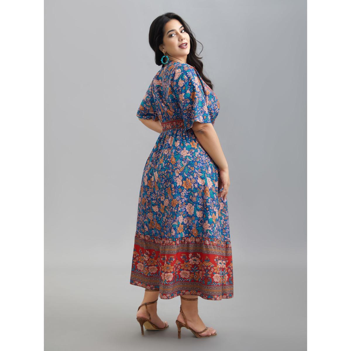 Plus Size Boho Print Ruffled Shirred V-Neck Maxi Dress Mediumblue Women Resort Shirred Overlap Collar Half Sleeve Curvy BloomChic 18-20/2X Product Image