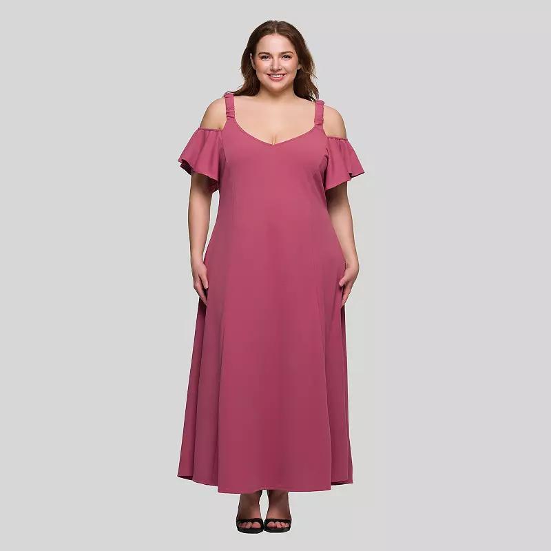 Plus Size 24Seven Comfort Apparel Cold Shoulder Ruffle Sleeve A-Line Maxi Dress, Women's, Size: 2XL, Pink Product Image
