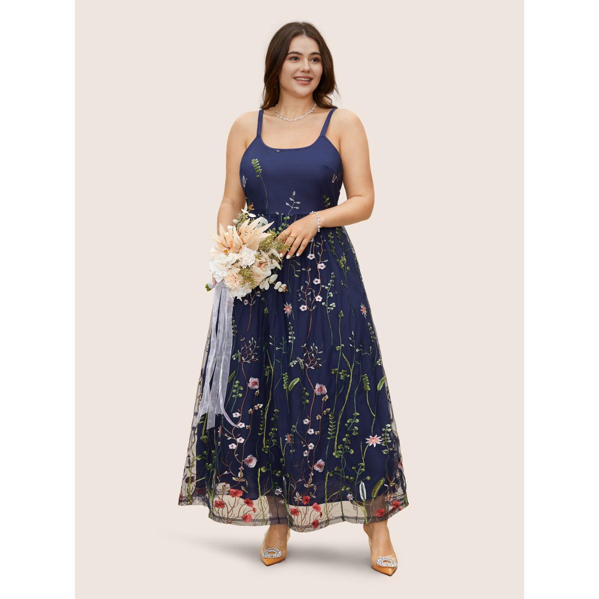 Plus Size U Neck Floral Embroidered Mesh Cami Dress DarkBlue Women Formal U-neck Sleeveless Curvy BloomChic 22-24/3X Product Image
