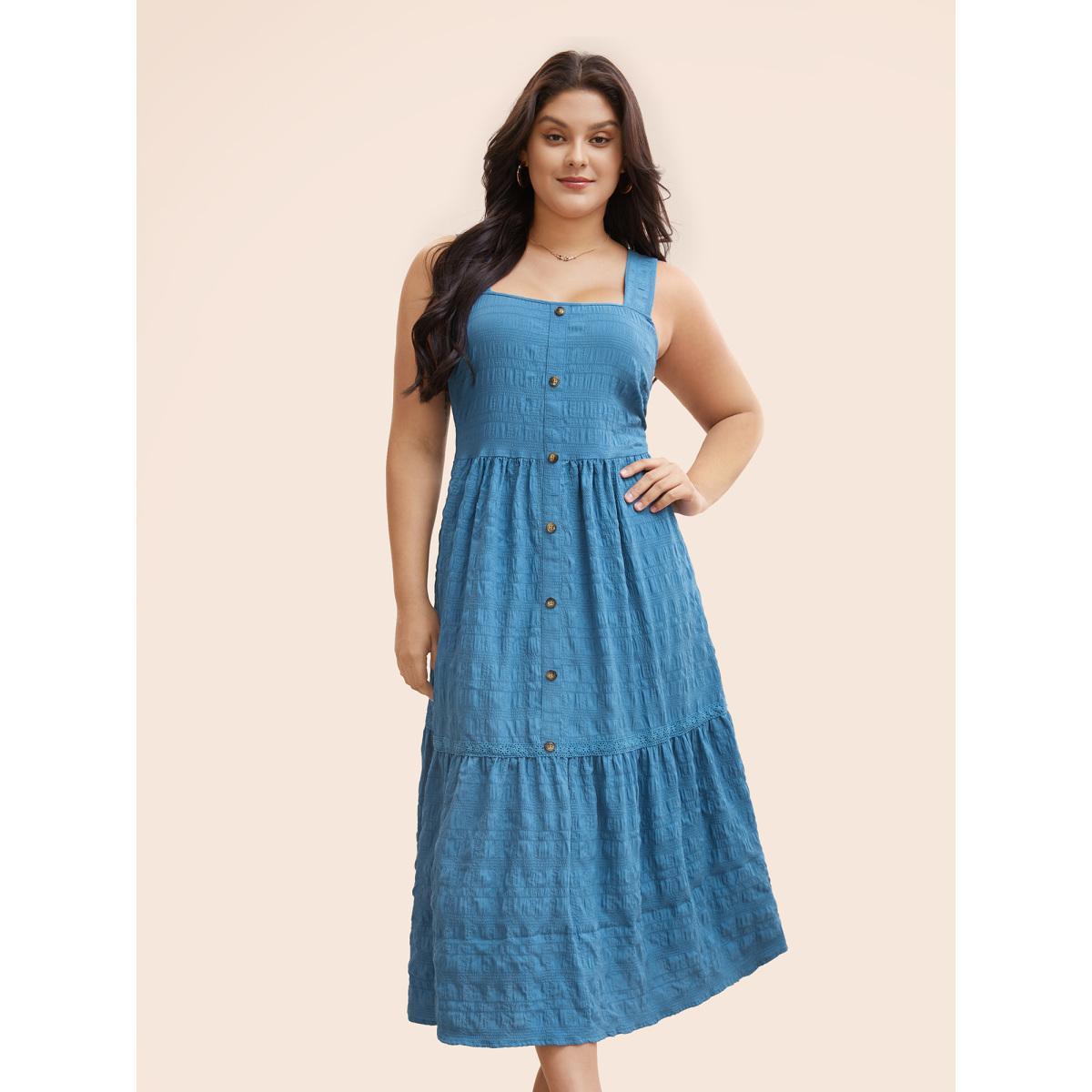 Plus Size Textured Button Detail Ruffle Layered Hem Dress Mediumblue Women Elegant Woven ribbon&lace trim Square Neck Sleeveless Curvy BloomChic 28/5X Product Image