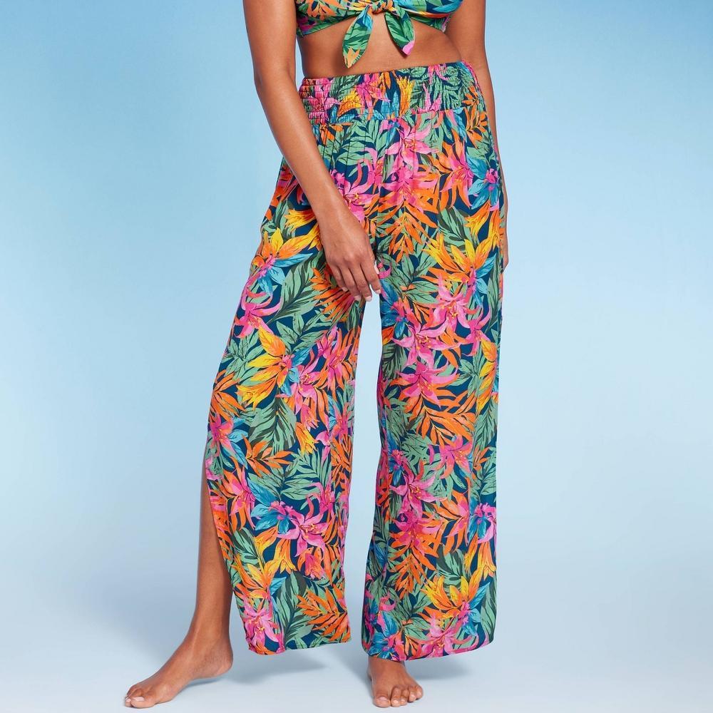 Womens Smocked Waist Side Slit Cover Up Pants - Shade & Shore Multi Tropical Floral Print 1X Product Image