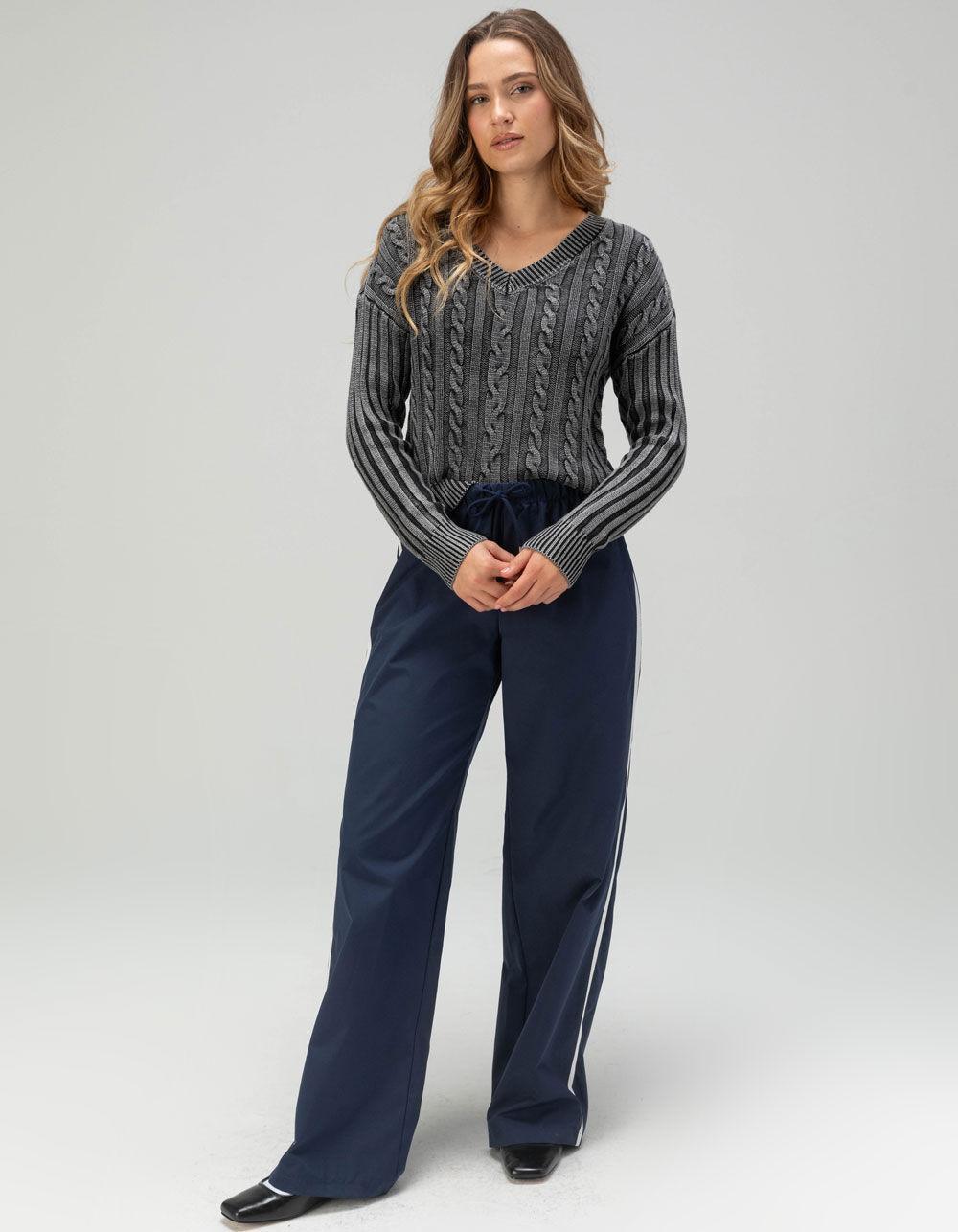 RSQ Womens Washed Cable Knit V-Neck Sweater - BLACK Product Image