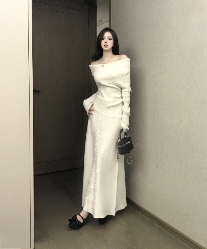 Long-Sleeve Off-Shoulder Asymmetrical Floral Embroidered Knit Top / High Waist Maxi A-Line Skirt Product Image