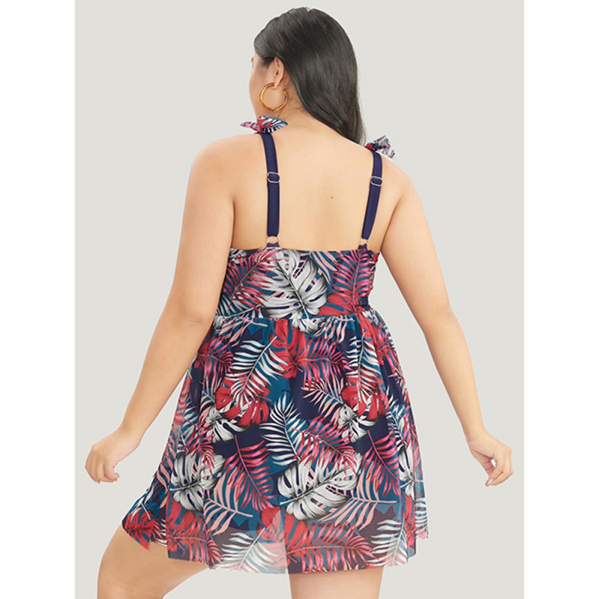 Plus Size Tropical Print Bow Sculpt Waist Split Swim Dress Women's Swimwear Red Vacation Bodycon V-neck High stretch Curve Swim Dresses BloomChic 22-24/3X Product Image