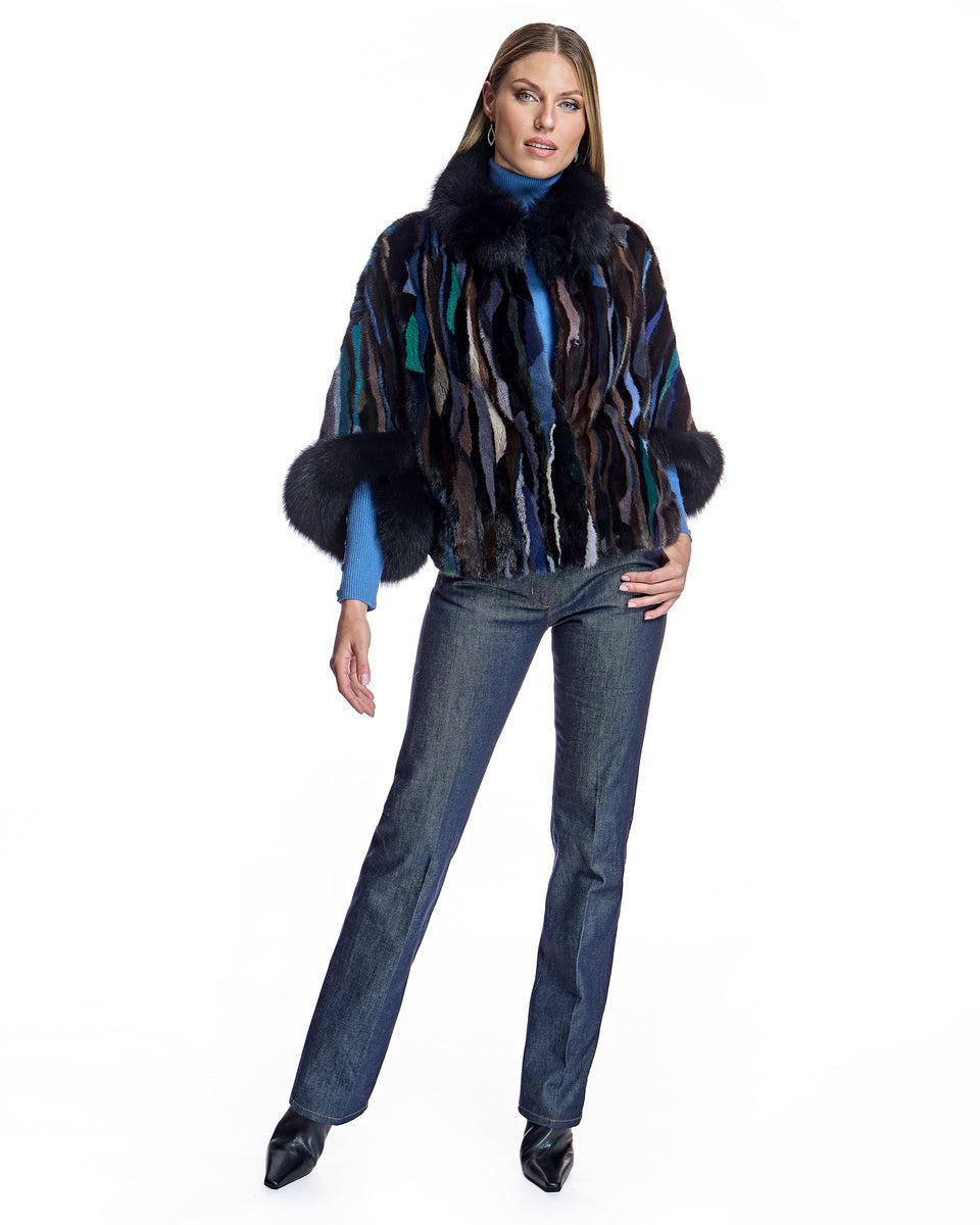 Semi Sheared Mink Section Cape with Fox Trim Product Image