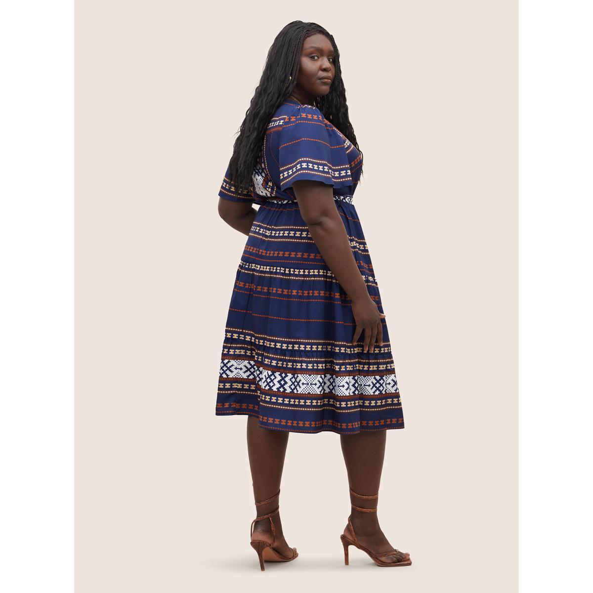 Plus Size Boho Print Wrap Flutter Sleeve Belted Dress DarkBlue Women Resort Overlapping Overlap Collar Short sleeve Curvy Midi Dress BloomChic 10/M Product Image
