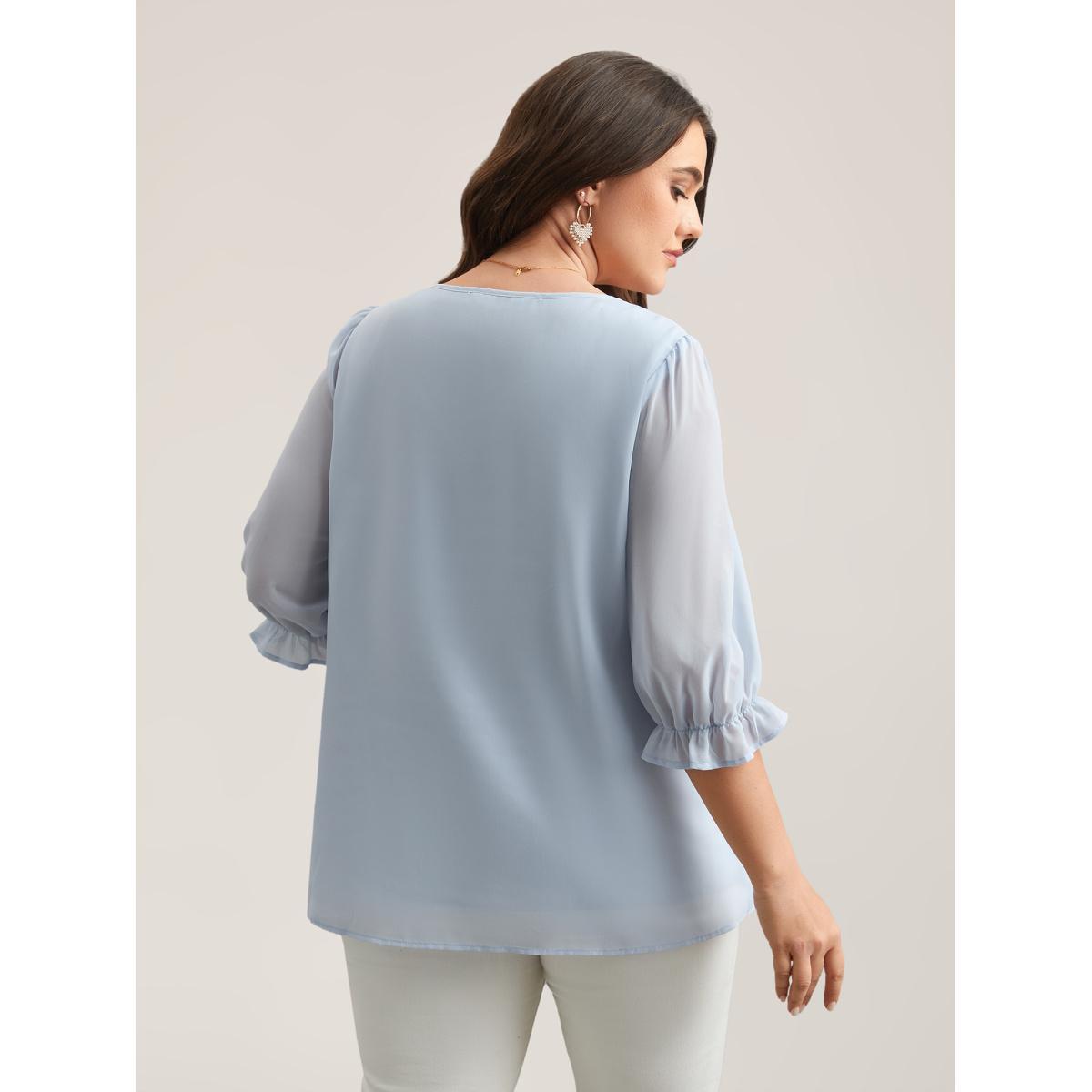 Plus Size LightBlue Chiffon Embroidery Puff Sleeve Pleated Shirt Women Boho Elbow-length sleeve Notched collar Vacation Blouses BloomChic 14-16/1X Product Image