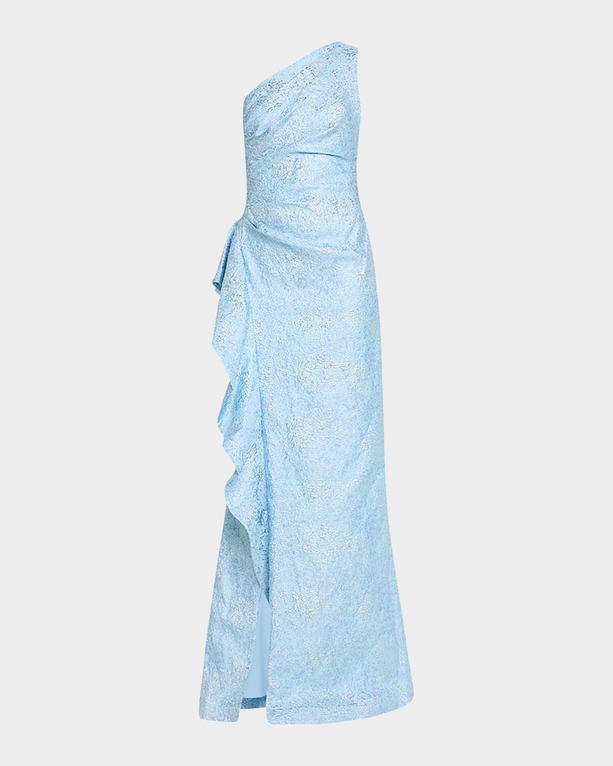 Womens Metallic Jacquard One-Shoulder Gown Product Image