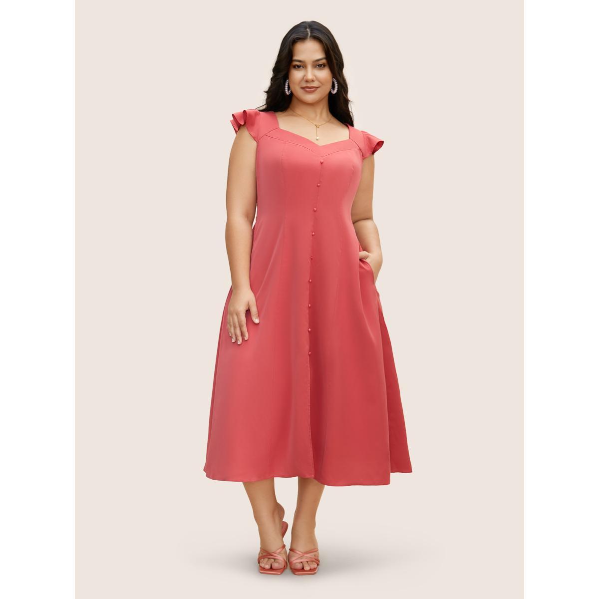 Plus Size Solid Ruffle Cap Sleeve Button Detail Midi Dress Russet Women Elegant Button Heart neckline Cap Sleeve Curvy BloomChic 10/M Product Image