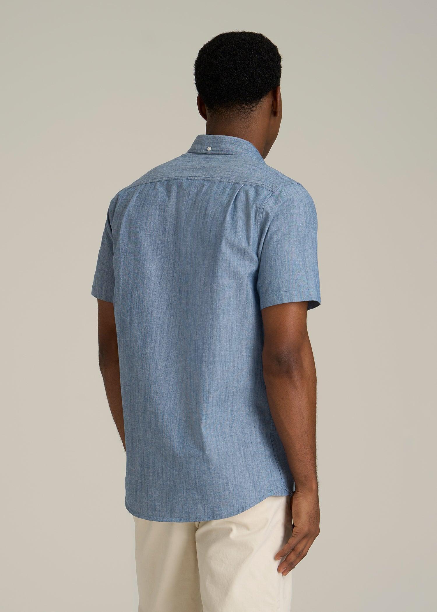 Short Sleeve Stretch Chambray Shirt for Tall Men in Medium Blue Chambray Male Product Image