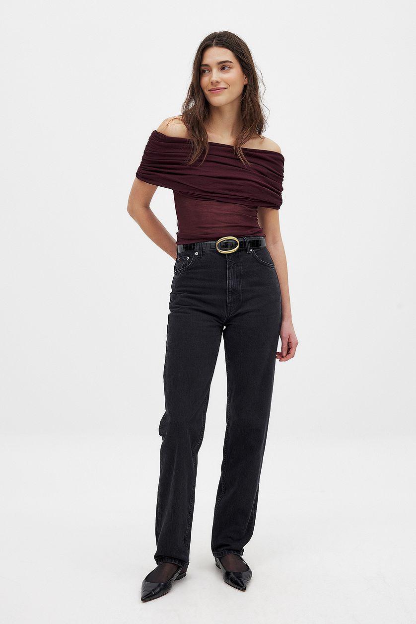 Off Shoulder Thin Knitted Top Burgundy Product Image