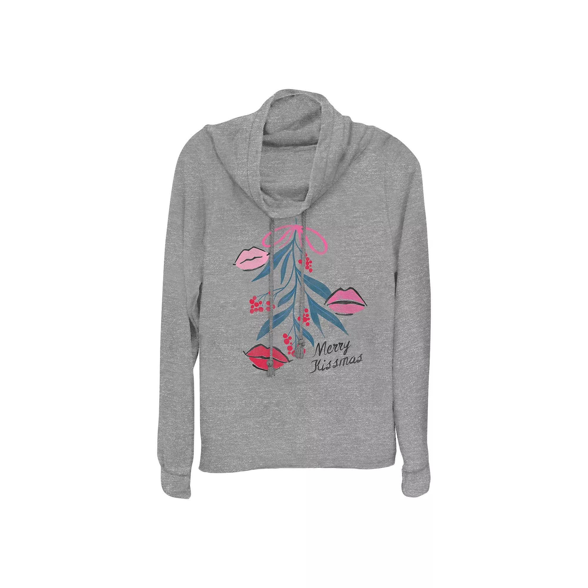 Women's Mistletoe Merry Kissmas Cowlneck Graphic Lightweight Long Sleeve, Size: Small, Gray Grey Product Image