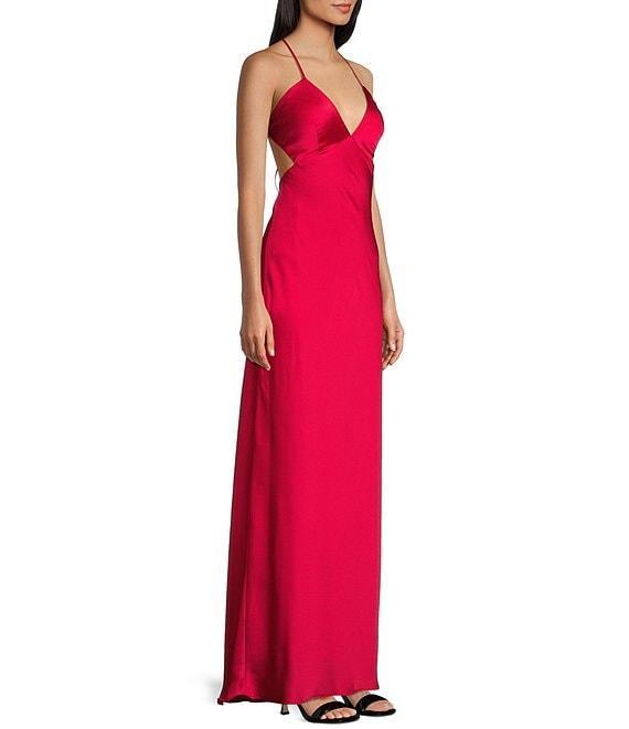 B. Darlin Bubble Satin V-Neck Spaghetti Strap Criss Cross Back Long Dress Product Image