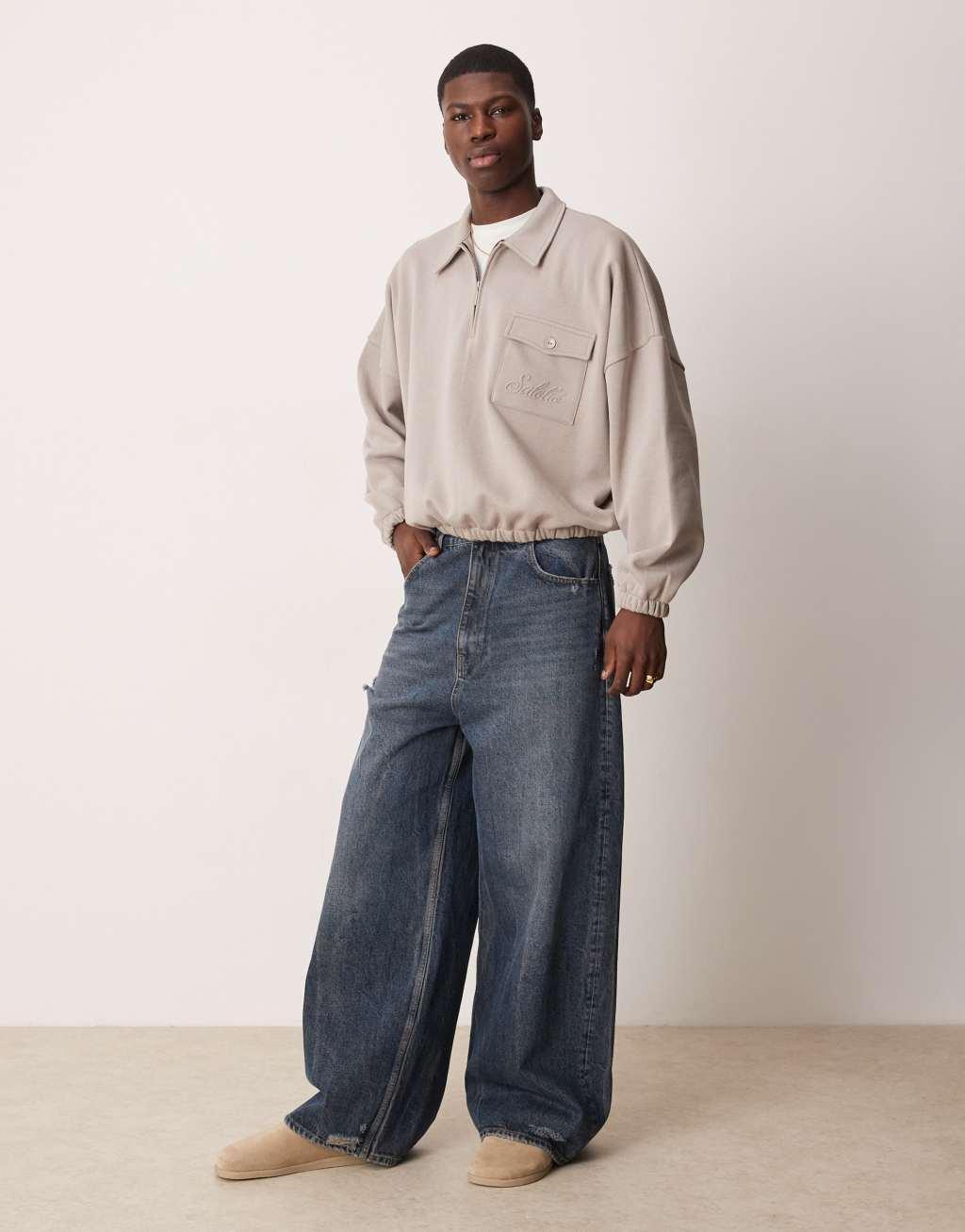 ASOS DESIGN oversized boxy polo sweater with embroidered pocket in latte Product Image