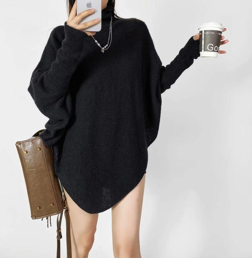 Turtleneck Asymmetrical Plain Sweater Product Image