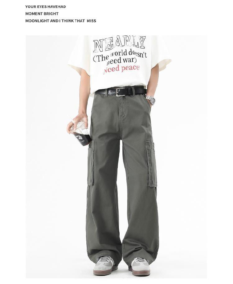 Mid Rise Plain Straight Leg Cargo Pants Product Image