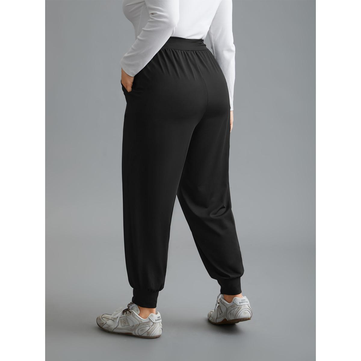 Plus Size Elastic Waist Mid-Rise Yoga Jogger Pants Women Black Casual Mid Rise Everyday Pants BloomChic 12/L Product Image